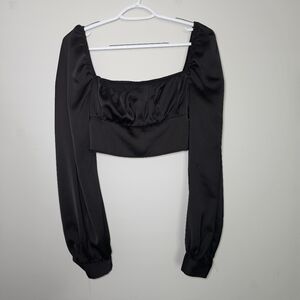 Black Satin Square Neck Crop Long Sleeve